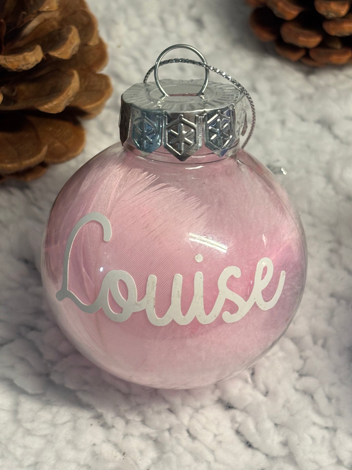 Boule Noël transparente plumes personnalisée
