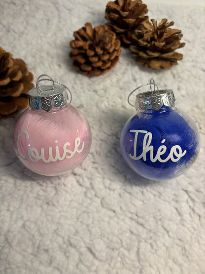 Boule Noël transparente plumes personnalisée